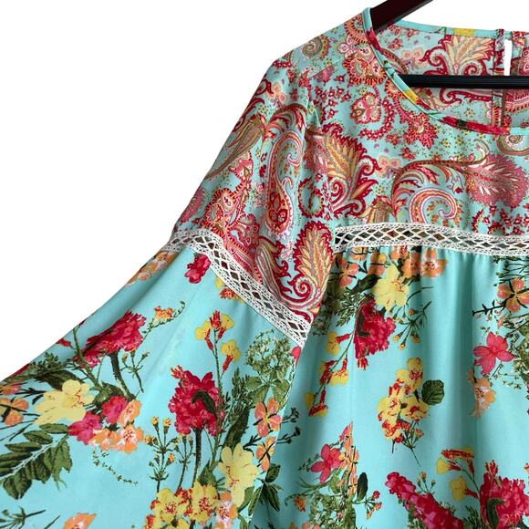 Fig & Flower Women Top S Turquoise Floral Boho Cottage Grandma Peasant Hippie‎ - Picture 6 of 11